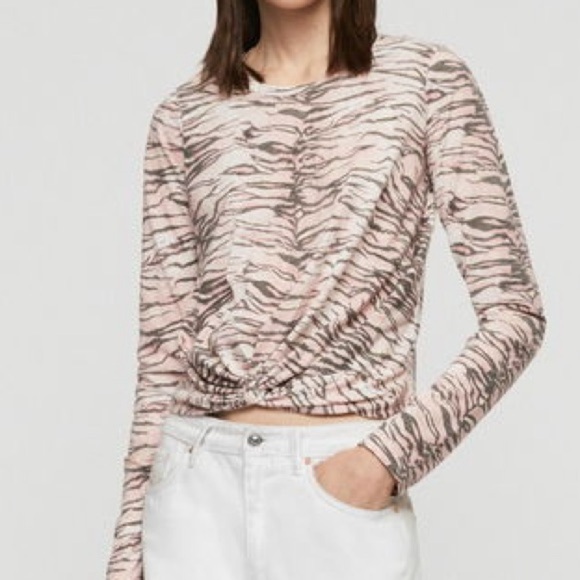 All Saints Tygers Carme Pink Tiger Stripe long sleeve Cropped Tee size small - Picture 1 of 5